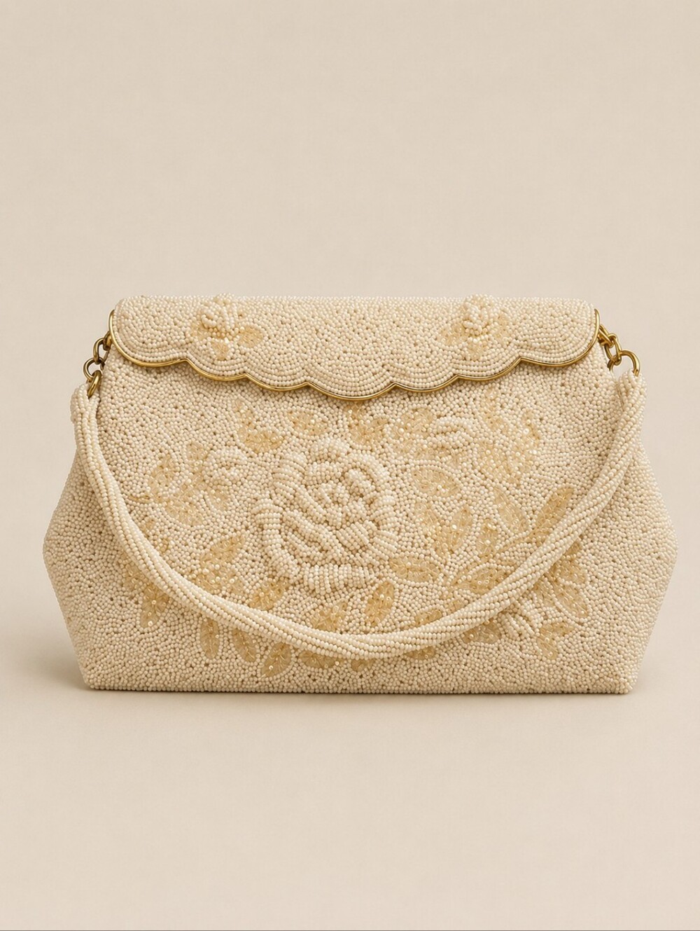 VTG MR. JOHN Cream Floral Scallop Heavily Beaded Cocktail Evening Bag